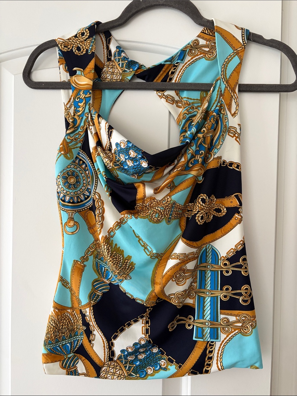 Cache Turquoise Black Gold Chain-Print Cowl Neck Tank